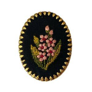 Vintage Micro Needlepoint Floral Brooch Pin Gold Tone